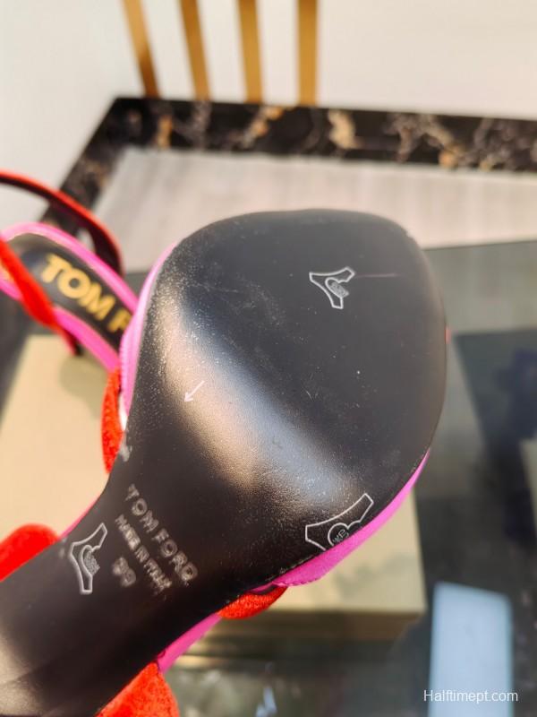 2025 Women TOM FORD Pink Red Velvet Silk High Heel Open Back Sandals