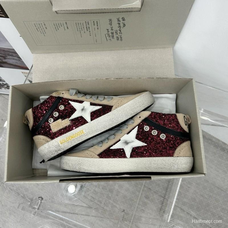 2024 Unisex GGDB Burgundy Beige Glitter Leather High Top Sneakers MJ00300