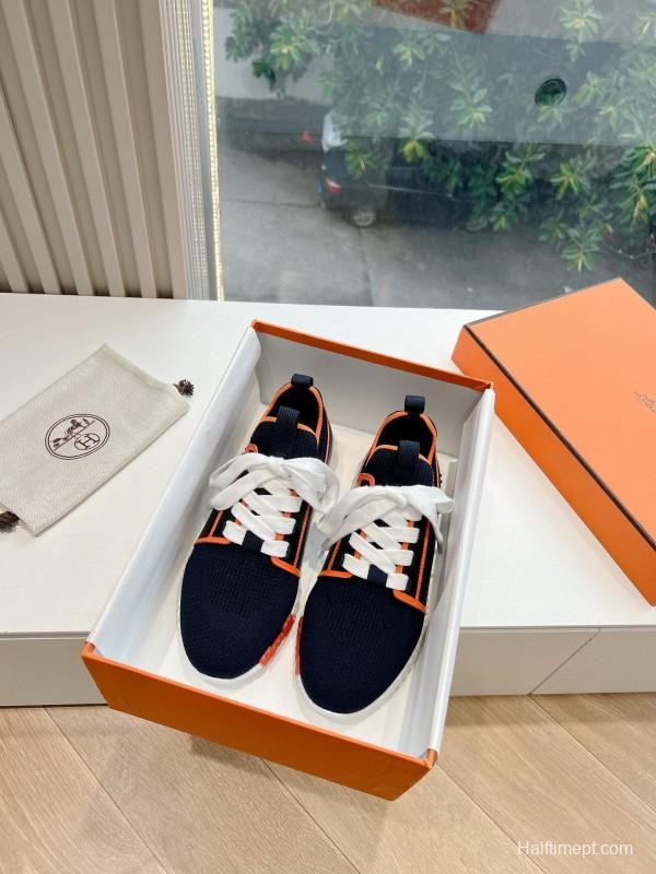2024 Unisex Hermès navy orange knit leather sneakers