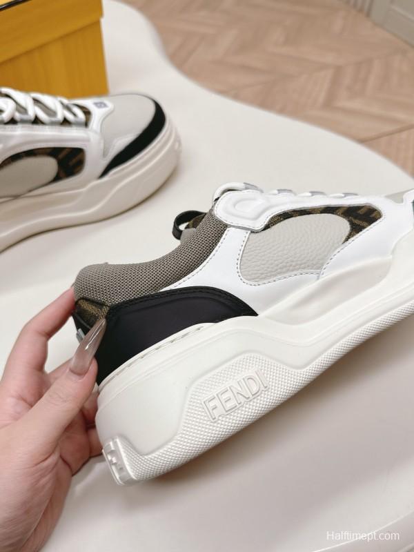 2025 Women Fendi White Black Grey Leather Mesh Sneakers