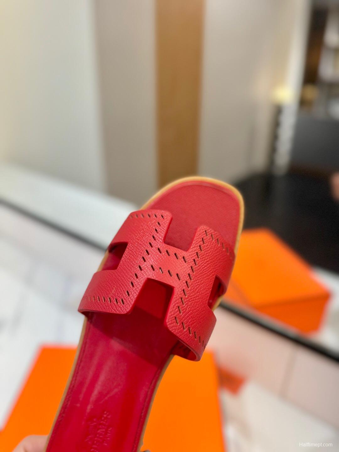 2025 Women Hermès Red Leather Slippers