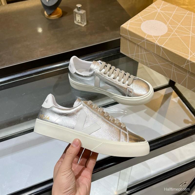 2025 Unisex VEJA Silver Leather Canvas Vulcanized Sneakers MJ00240