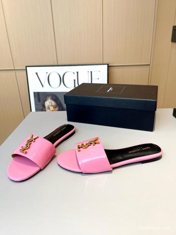 2025 Women Yves Saint Laurent Pink Patent Leather Slippers