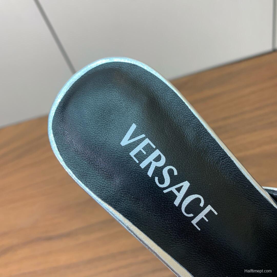 2025 Women VERSACE Silver Leather Slippers