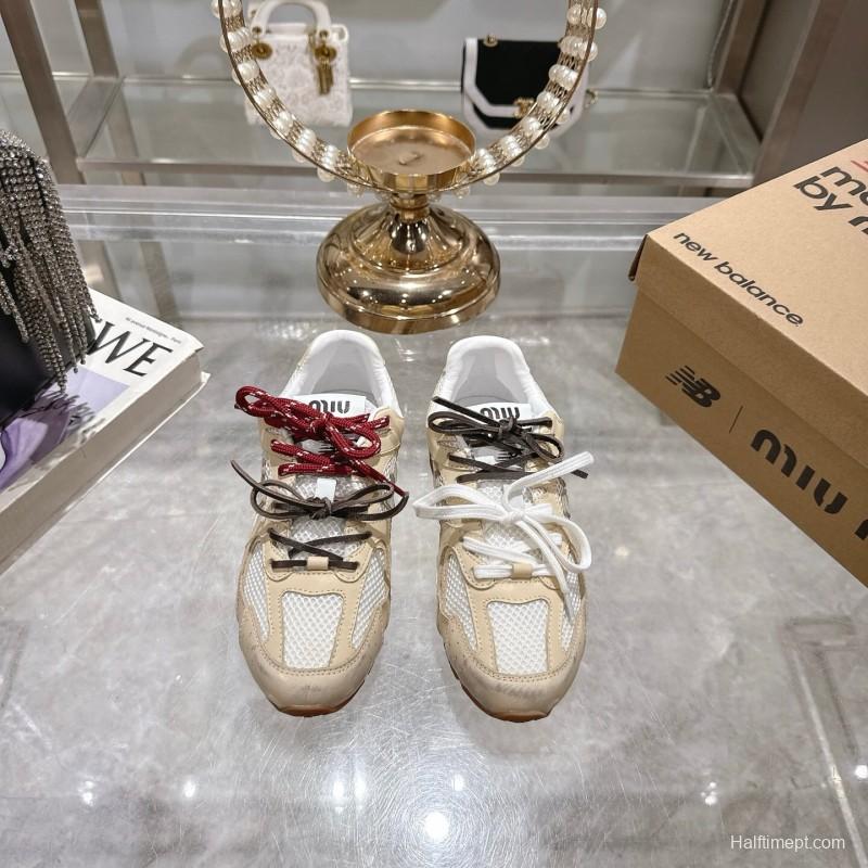 2025 Women New Balance Beige White Leather Mesh Sneakers