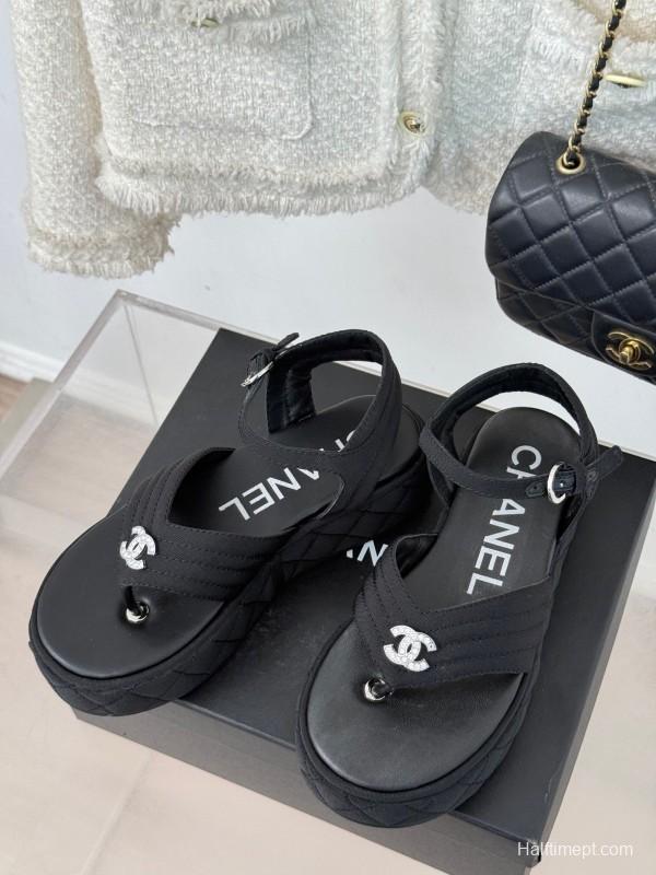 2025 Women Chanel Black Fabric Platform Sandals
