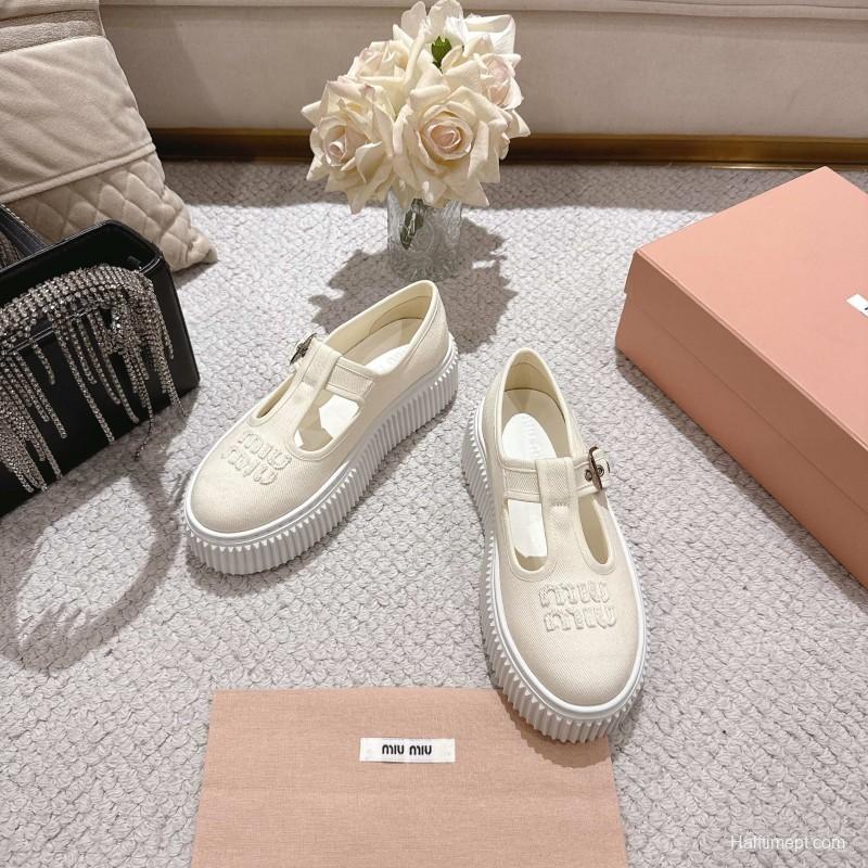 2025 Women Miu Miu White Canvas Platform Mary Jane LY00270