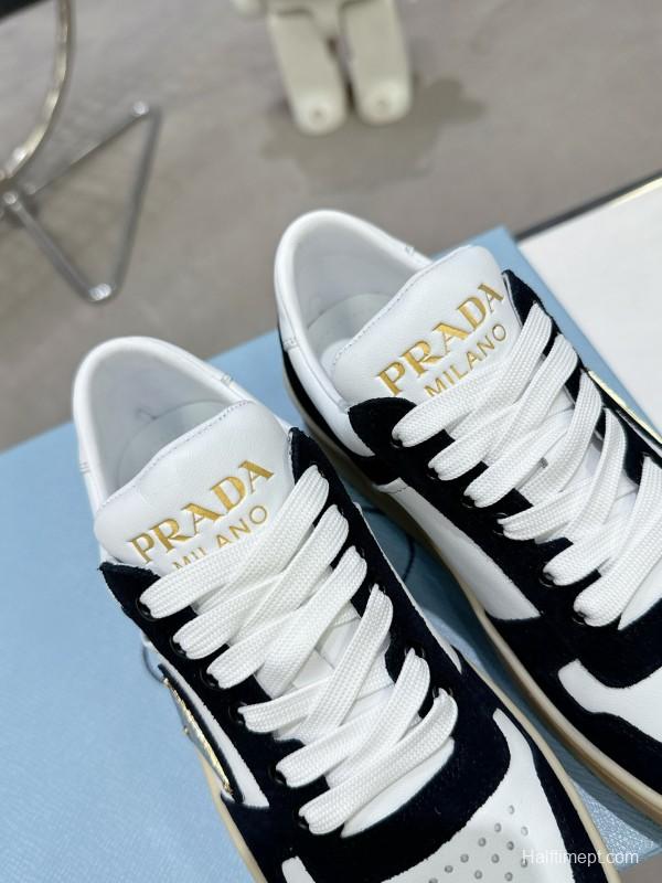 2025 Women Prada Black White Leather Suede Sneakers Downtown Bold KFY00310