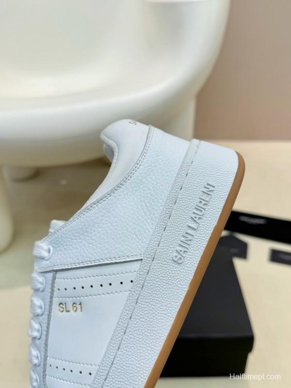 2024 Unisex Yves Saint Laurent White Silk Leather Sneakers SL61 MJ00350