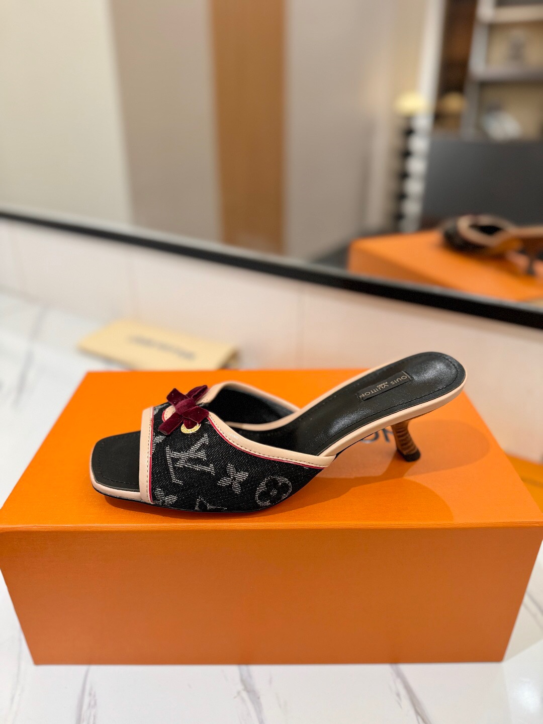 2025 Women Louis Vuitton Black Beige Canvas Kitten Heel Bow KFY00310