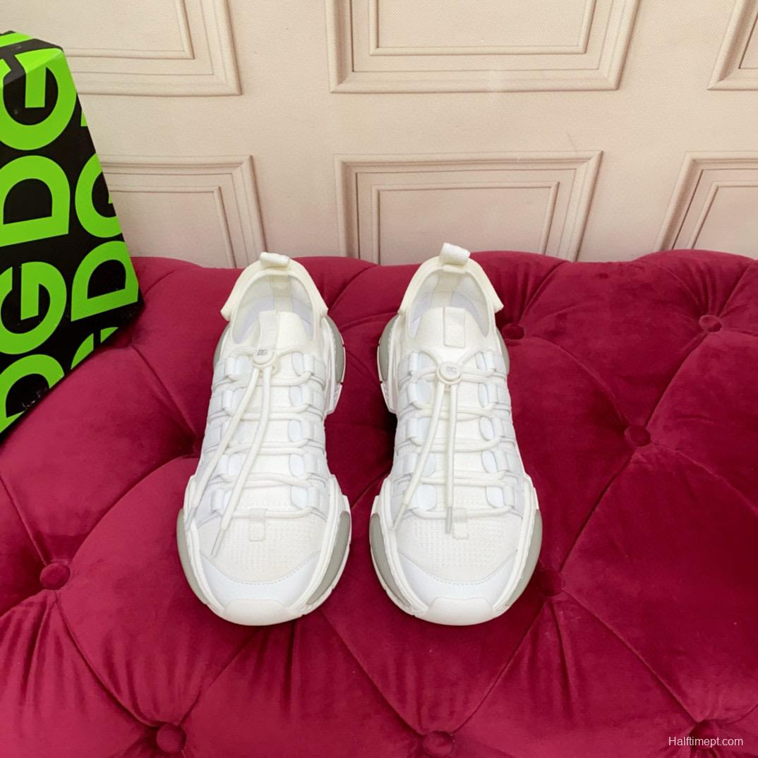 2024 Unisex Dolce & Gabbana White Knit Leather Sneakers MJ00340