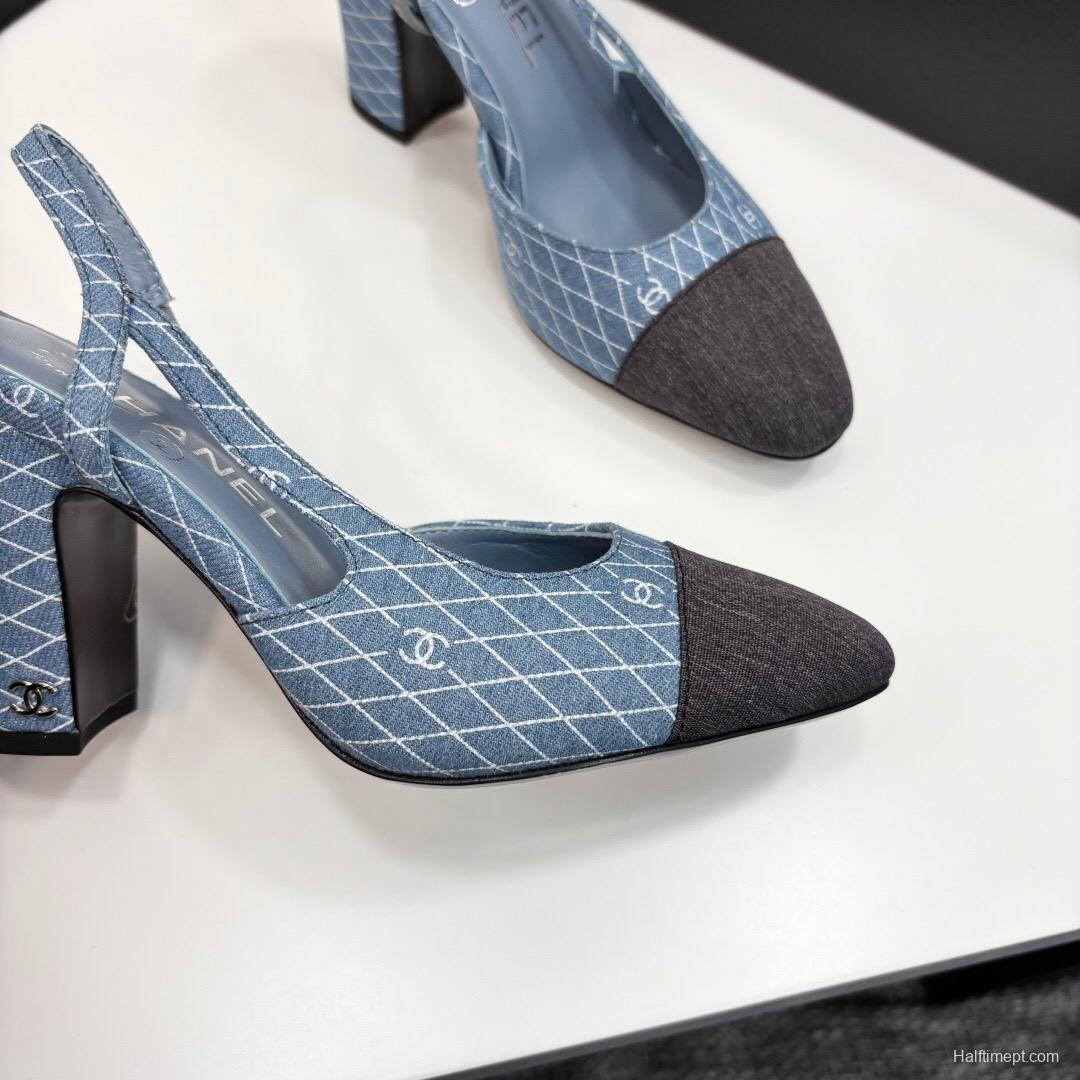 2025 Women Chanel Blue Black Denim Leather Slingback LY00270