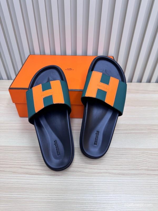 2025 Hermès Green Orange Leather Slippers