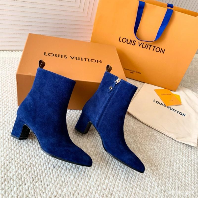 2024 Women Louis Vuitton Blue Suede Ankle Boots