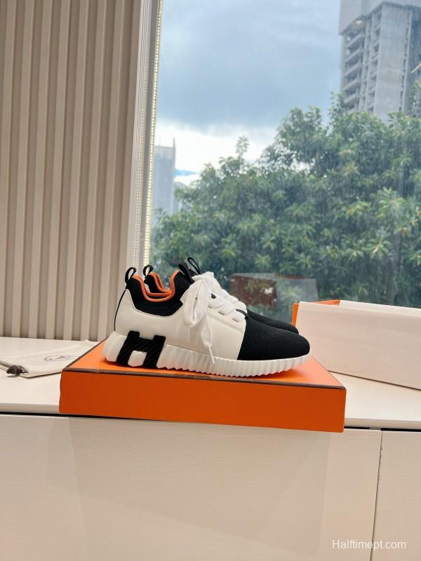 2024 Unisex Hermès Black White Orange Calf Leather Suede Knit Sneakers MJ00290