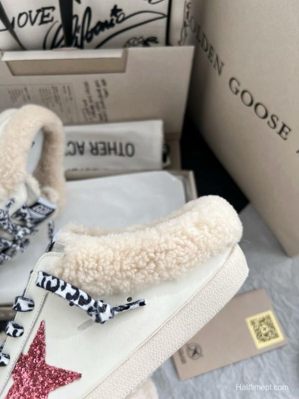 2024 Unisex GGDB White Pink Glitter Suede Leather Fur Slippers MJ00280
