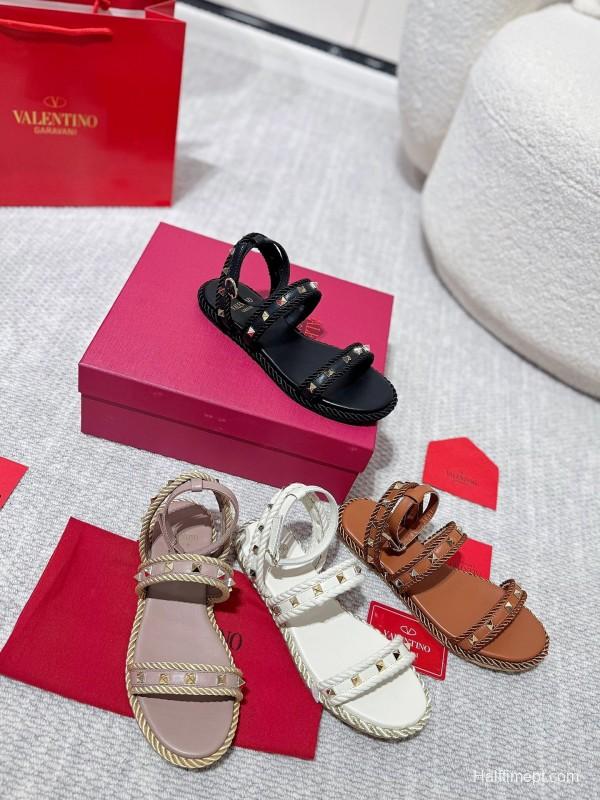 2025 Women Valentino Beige Leather Rope Espadrille Sandals LY00250