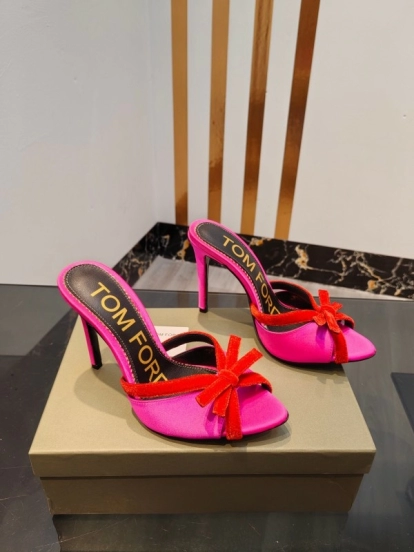 2025 Women TOM FORD Pink Red Silk Velvet High Heel Mules KFY00290