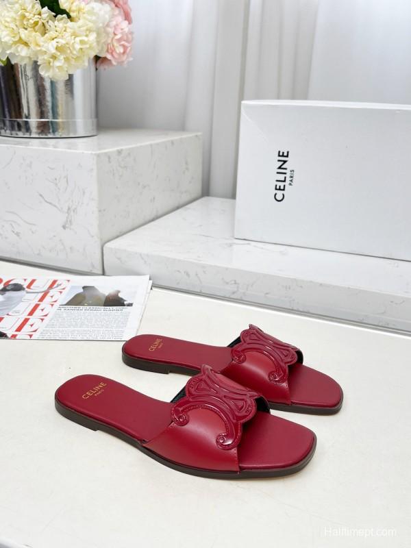 2025 Women CELINE Red Leather Slippers