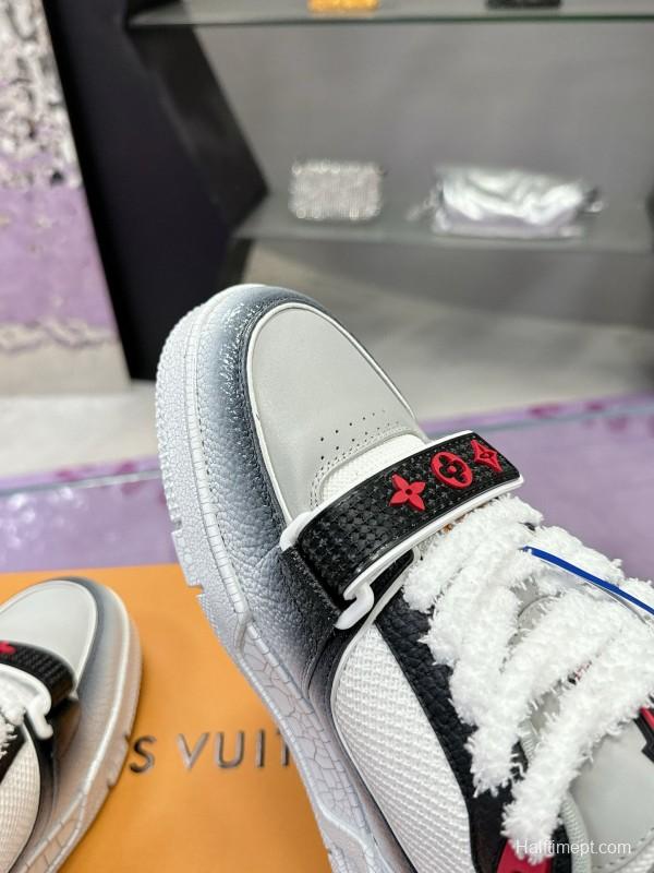 2024 Unisex Louis Vuitton White Gray Pink Leather Mesh Trainer