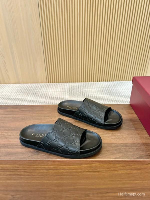2025 Women Gucci Black Leather Slippers LY00220
