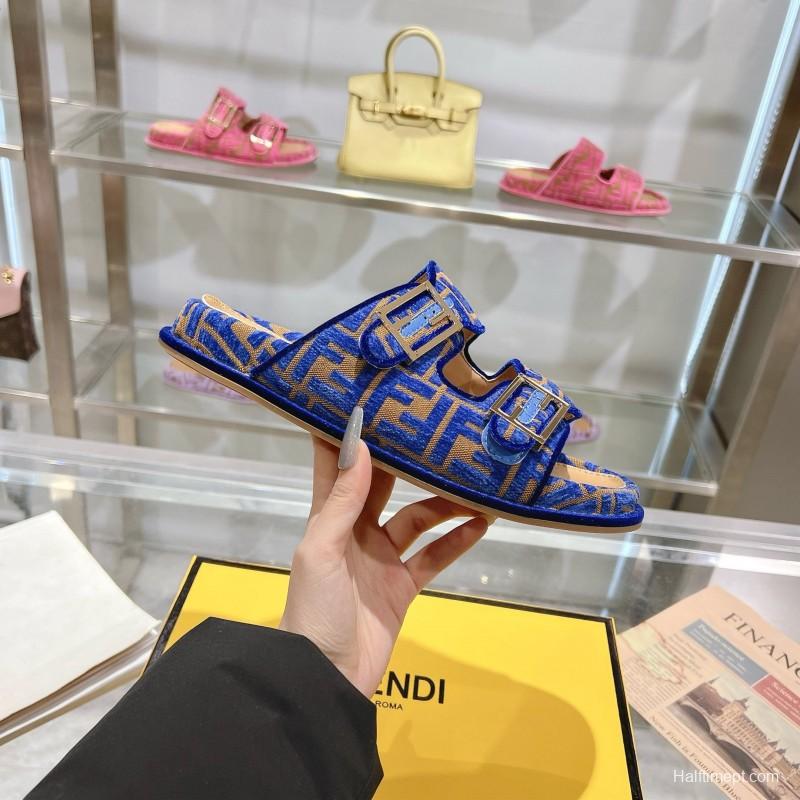 2025 Slippers Fendi Blue Brown Jacquard Buckle KFY00250