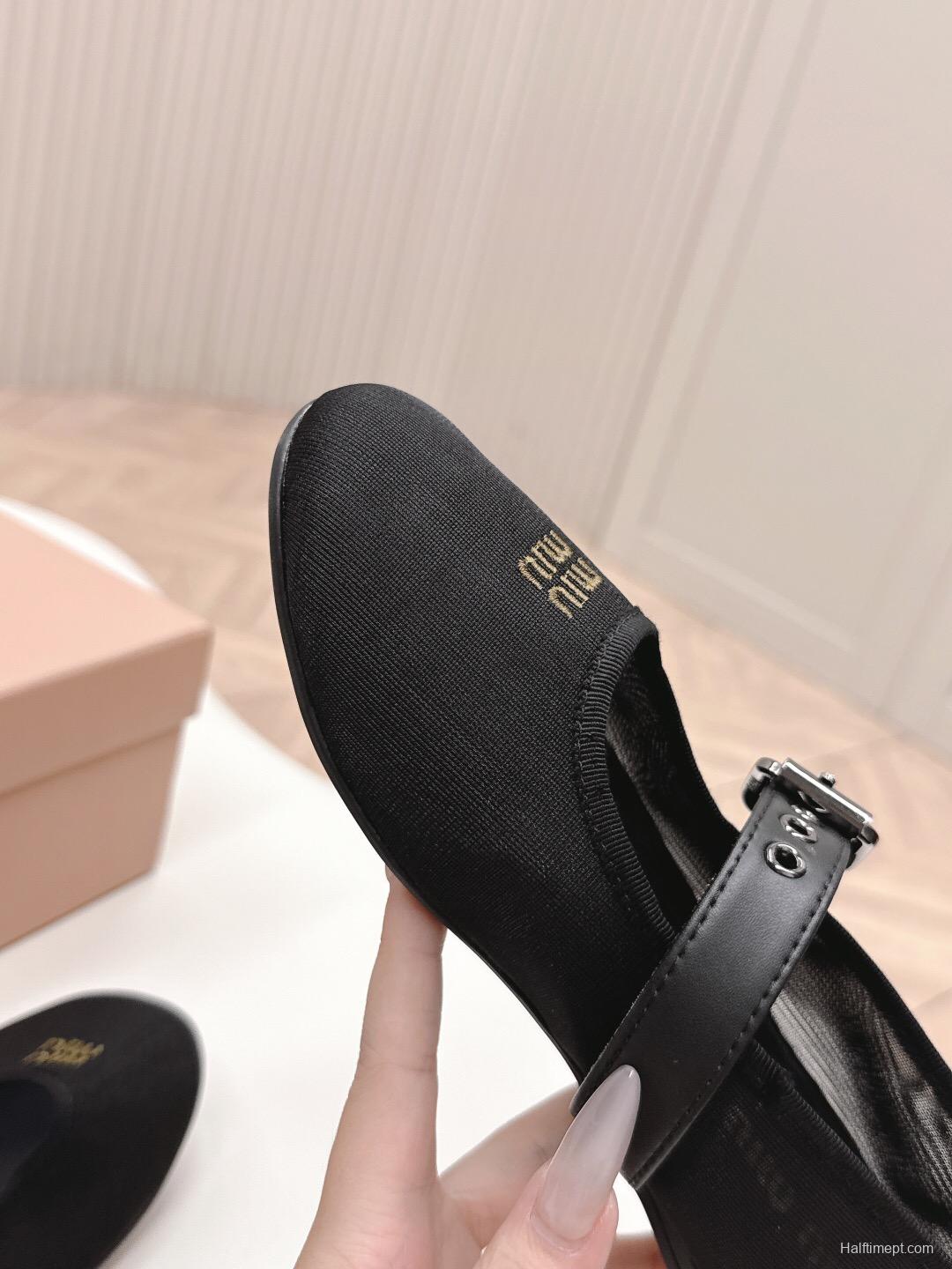 2025 Women Miu Miu Black Mesh Leather Ballet Flats LY00230