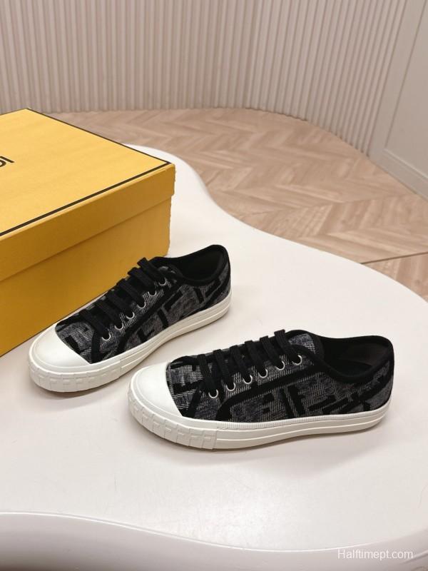 2025 Women Fendi Black Grey Fabric Leather Sneakers