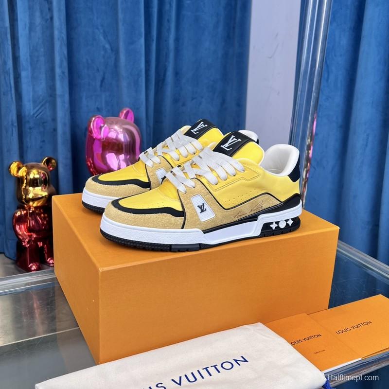 2025 Men Louis Vuitton Yellow Black Leather Suede Sneakers