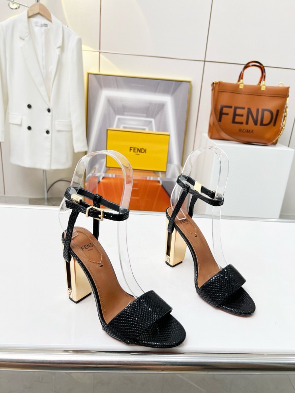 2025 Women Fendi Black Leather High Heel Sandals MJ00251