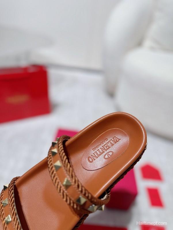 2025 Women Valentino Brown Leather Sandals Rope Braided LY00250