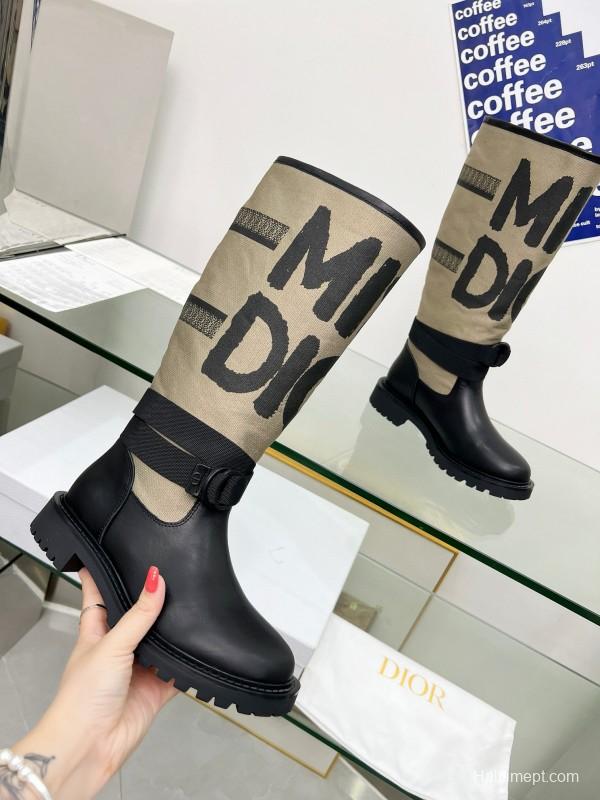 2024 Women Dior black beige leather canvas boots MJ00350
