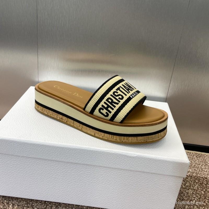 2025 Slippers Dior Beige Black Textile Platform Embroidery