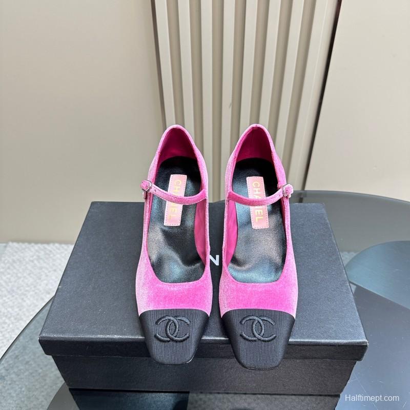 2025 Women Chanel Pink Black Velvet Mary Jane Shoes