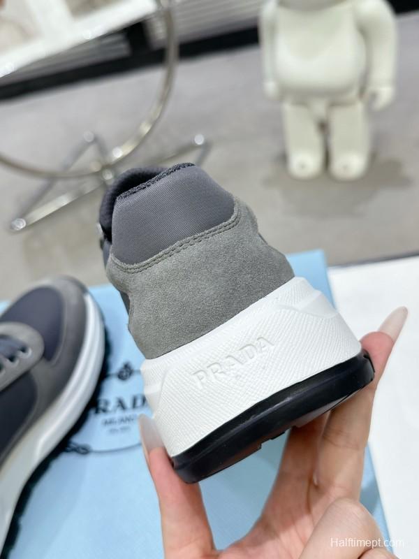2025 Unisex Prada Grey Suede Leather Sneakers KFY00310