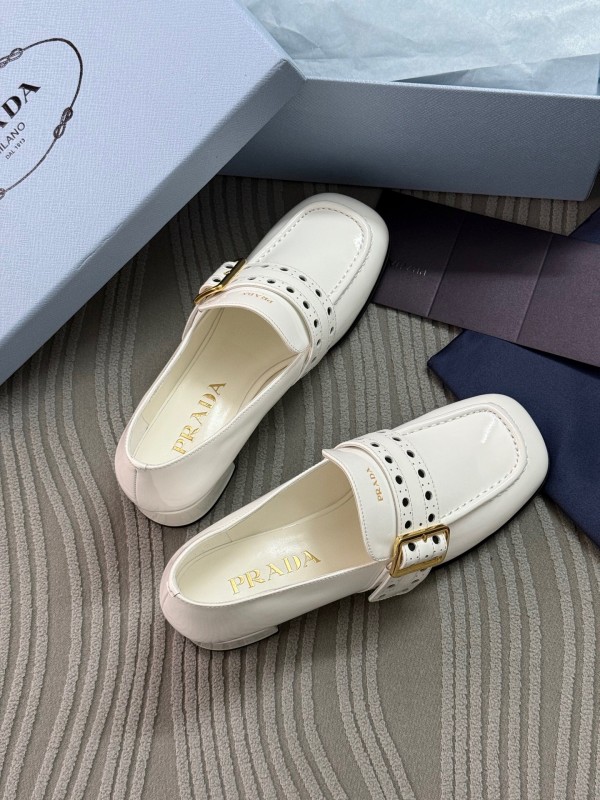 2025 Women Prada White Leather Loafers KFY00320