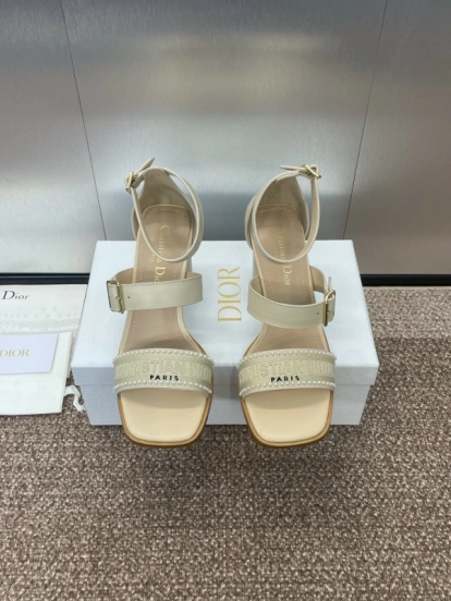 2025 Women Dior Beige Leather Sandals Ankle Strap KFY00320
