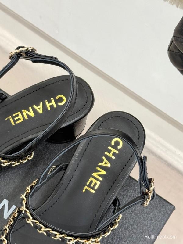 2025 Women Chanel Black Leather Sandals Chain KFY00270