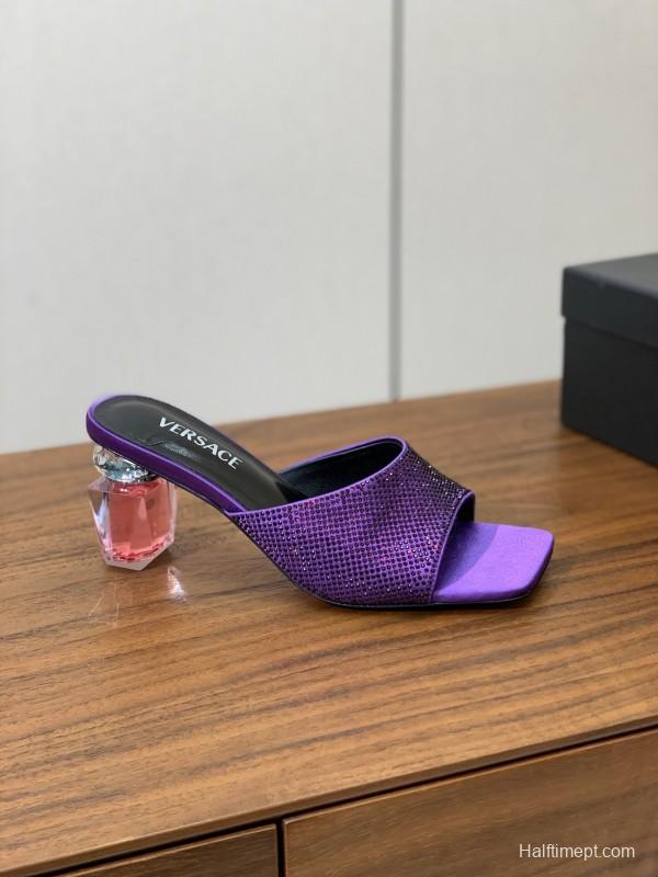 2025 Slippers VERSACE Purple Silk Rhinestone