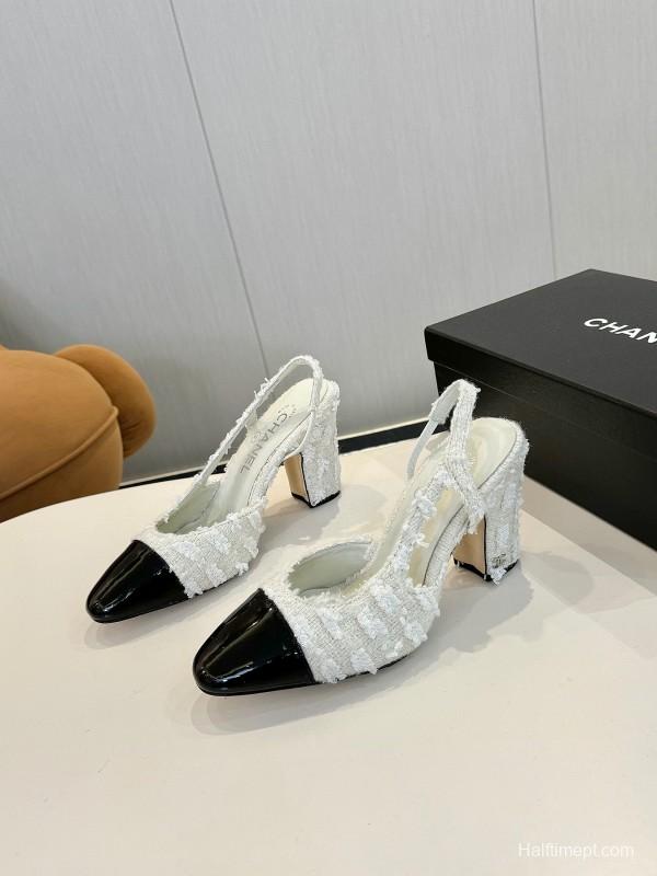 2025 Women Chanel White Black Leather Tweed Slingback Block Heel LY00270