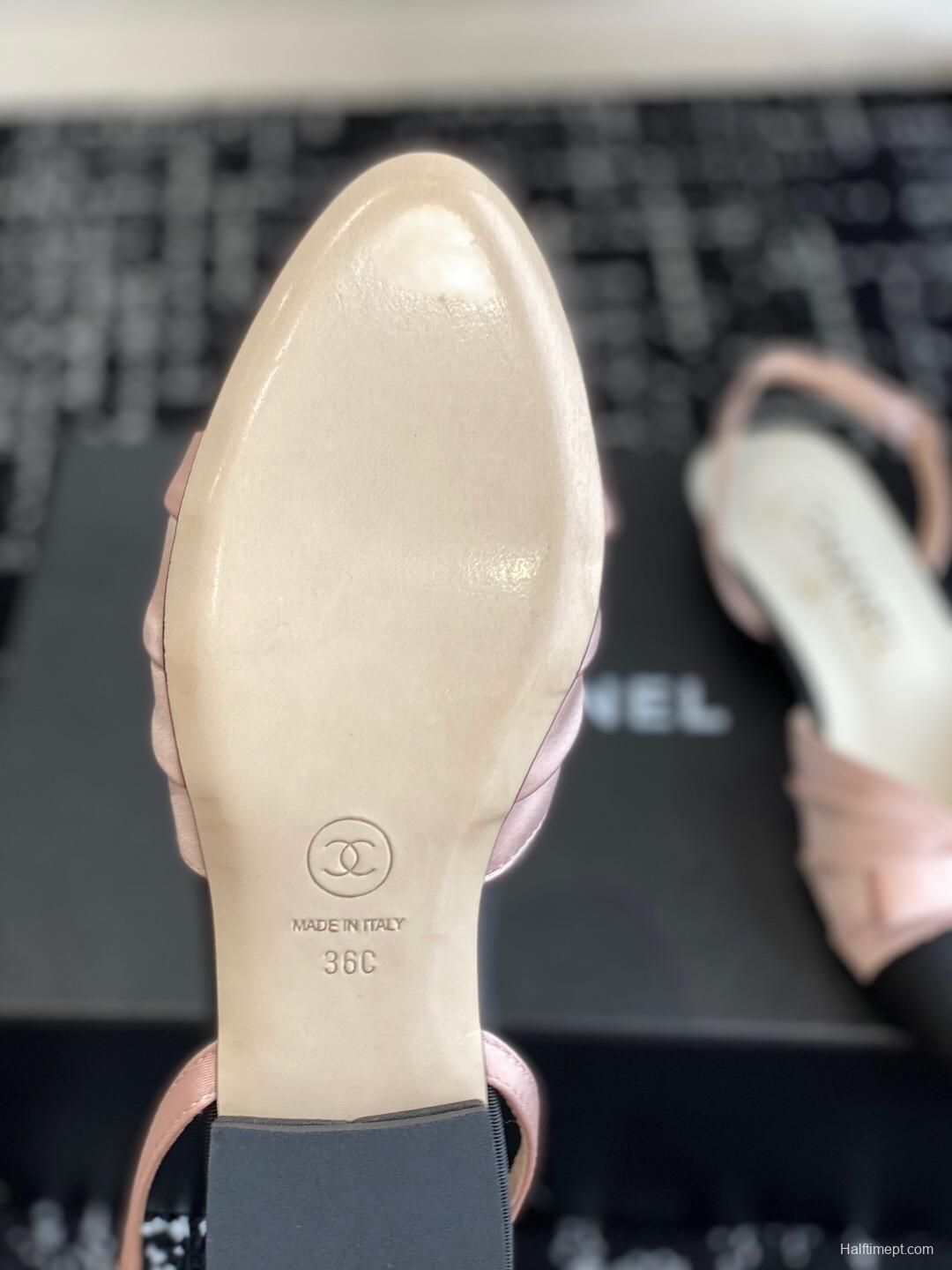 2025 Women Chanel Pink Black Silk Leather Sandals Satin Bow KFY00289