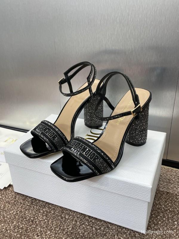 2025 Women Dior Black Patent Leather Crystal High Heel Sandals KFY00320