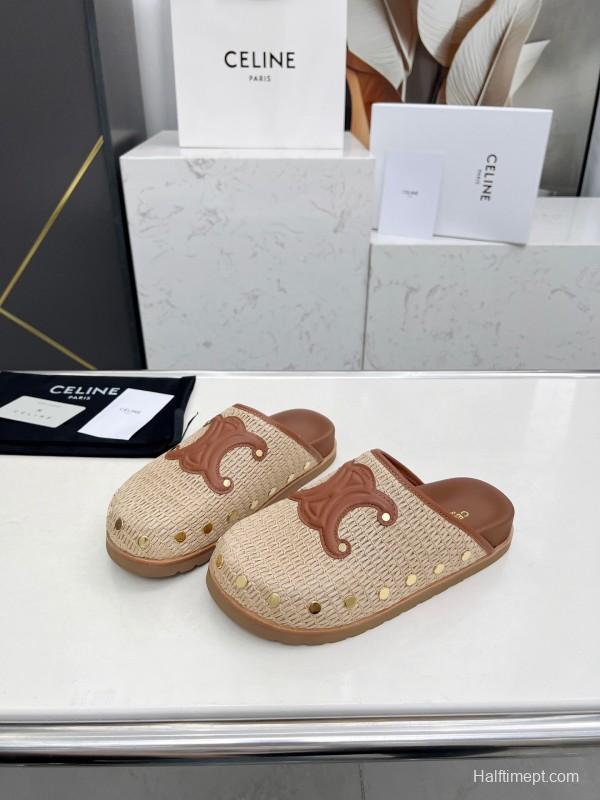 2025 CELINE Beige Leather Raffia Slippers LY00240