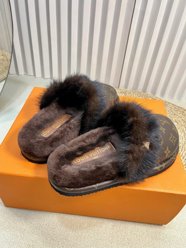 2024 Slippers Louis Vuitton Brown Leather Mink Fur Slippers MJ00340