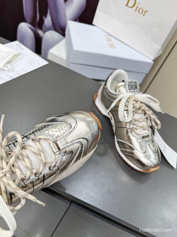 2025 Women Dior Silver Leather Suede Sneakers