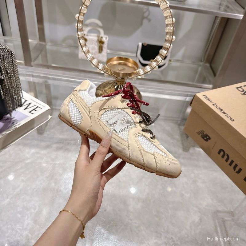 2025 Women New Balance Beige White Leather Mesh Sneakers