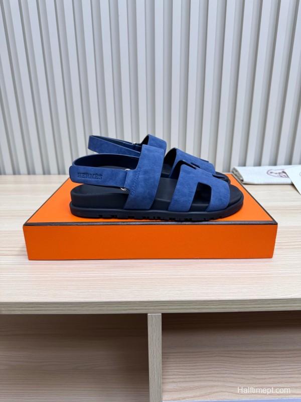 2025 Women Hermès Navy Suede Leather Sandals