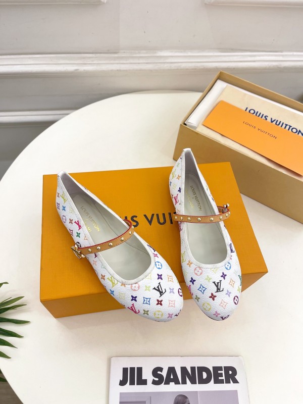 2025 Women Louis Vuitton White Multicolor Leather Ballet Flats KFY00300