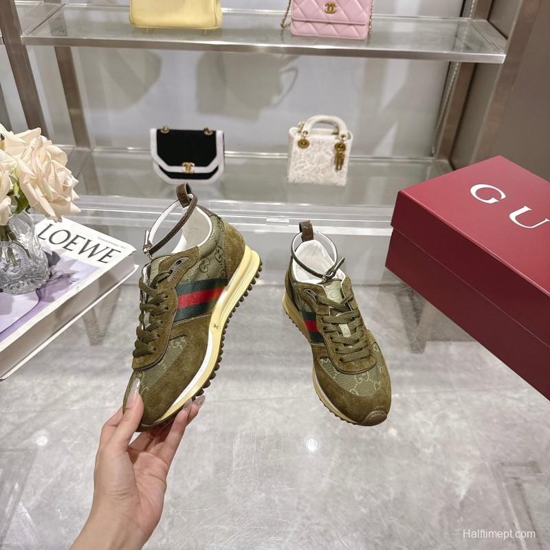 2025 Women Gucci Khaki Green Red Suede Mesh Sneakers LY00340