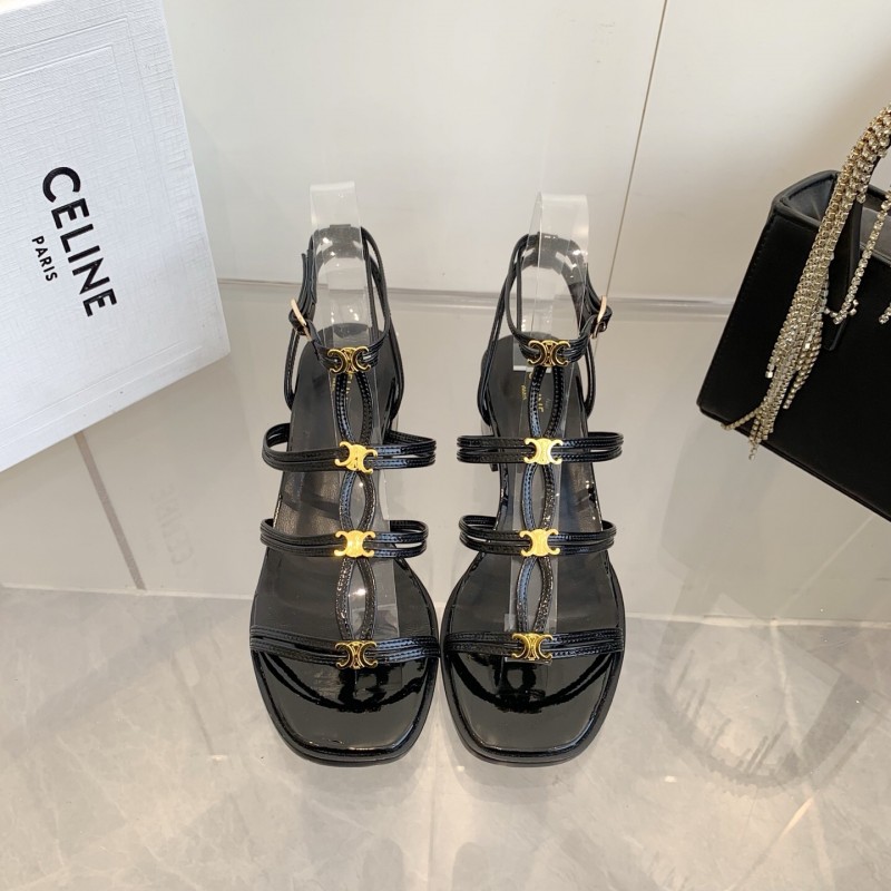 2025 Women Celine Black Patent Leather Sandals
